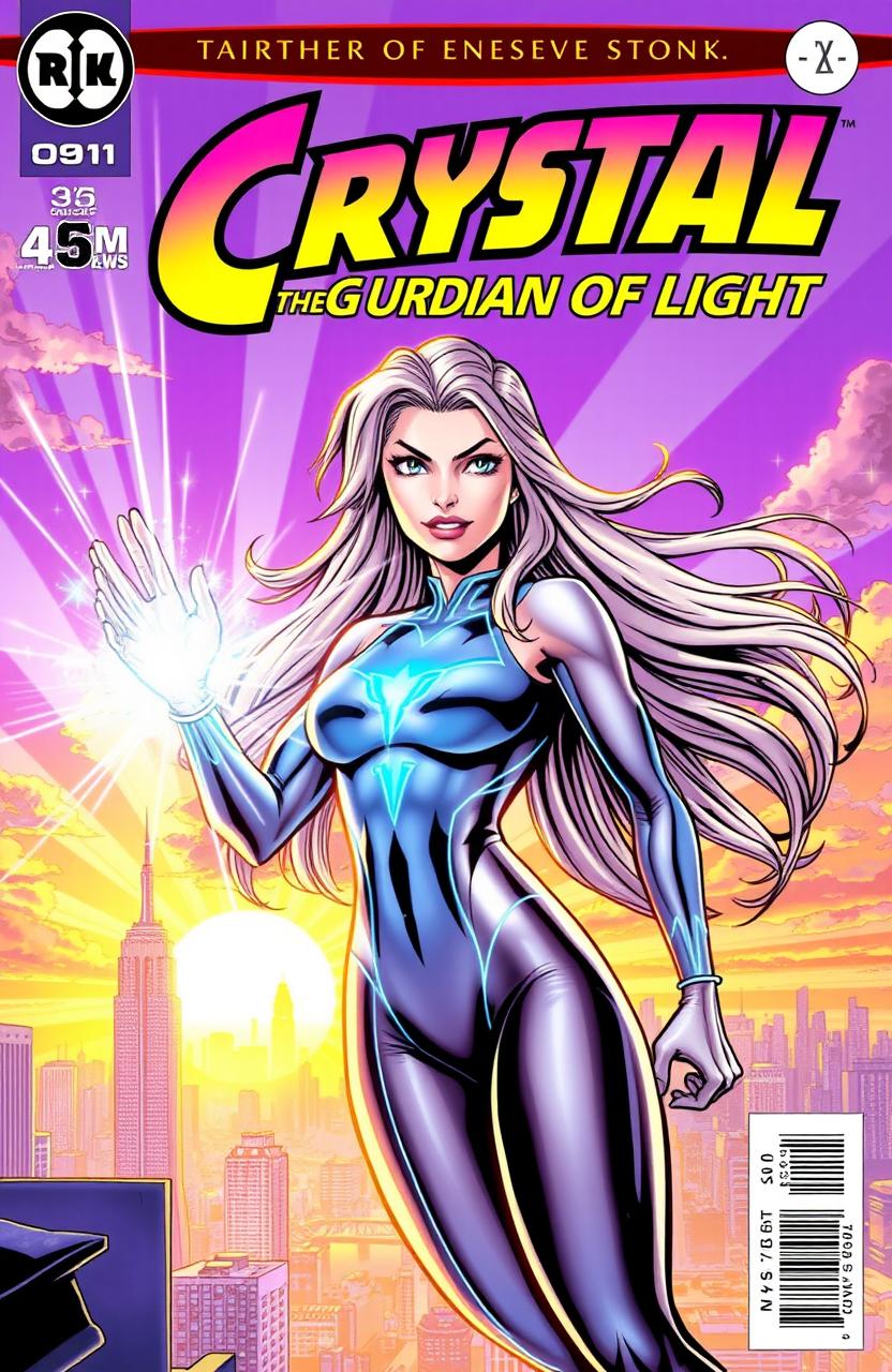 Comic book cover featuring a superhero named Crystal, portrayed as a strong and confident woman with long, flowing hair that sparkles like sunlight