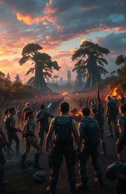 A dystopian scene depicting a massive arena for a competition reminiscent of the Hunger Games, with diverse characters in survival gear facing each other