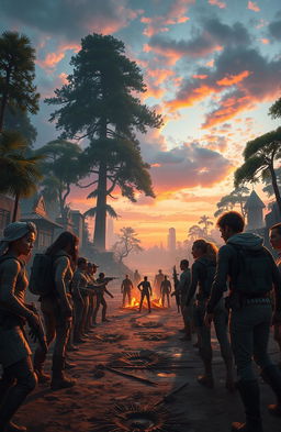 A dystopian scene depicting a massive arena for a competition reminiscent of the Hunger Games, with diverse characters in survival gear facing each other