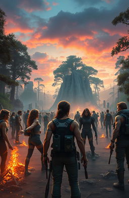 A dystopian scene depicting a massive arena for a competition reminiscent of the Hunger Games, with diverse characters in survival gear facing each other
