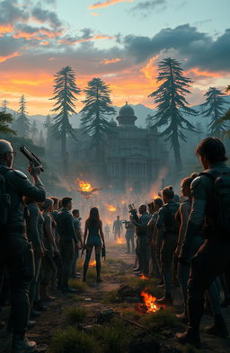 A dystopian scene depicting a massive arena for a competition reminiscent of the Hunger Games, with diverse characters in survival gear facing each other