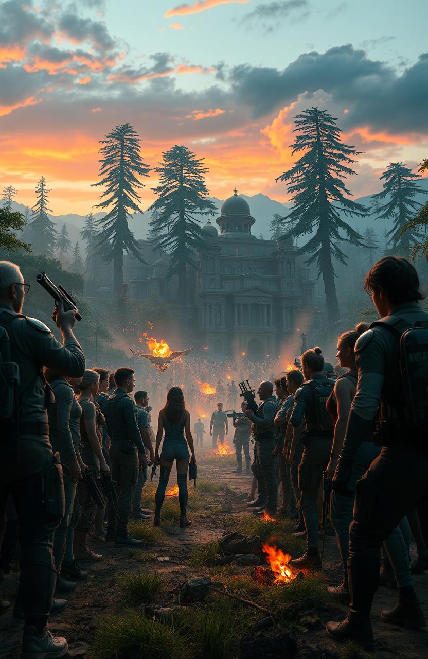 A dystopian scene depicting a massive arena for a competition reminiscent of the Hunger Games, with diverse characters in survival gear facing each other