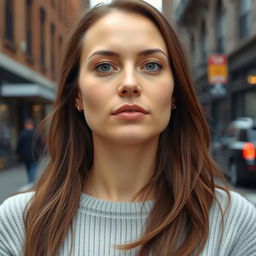 A 37-year-old American woman with a natural style and light skin, showcasing minimal makeup