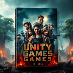 A striking book cover design for 'Unity Games,' inspired by the theme of survival competitions like the Hunger Games
