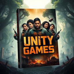 A striking book cover design for 'Unity Games,' inspired by the theme of survival competitions like the Hunger Games
