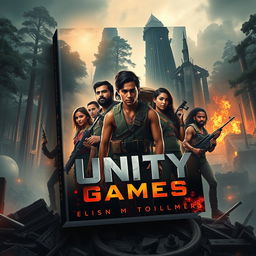 A striking book cover design for 'Unity Games,' inspired by the theme of survival competitions like the Hunger Games