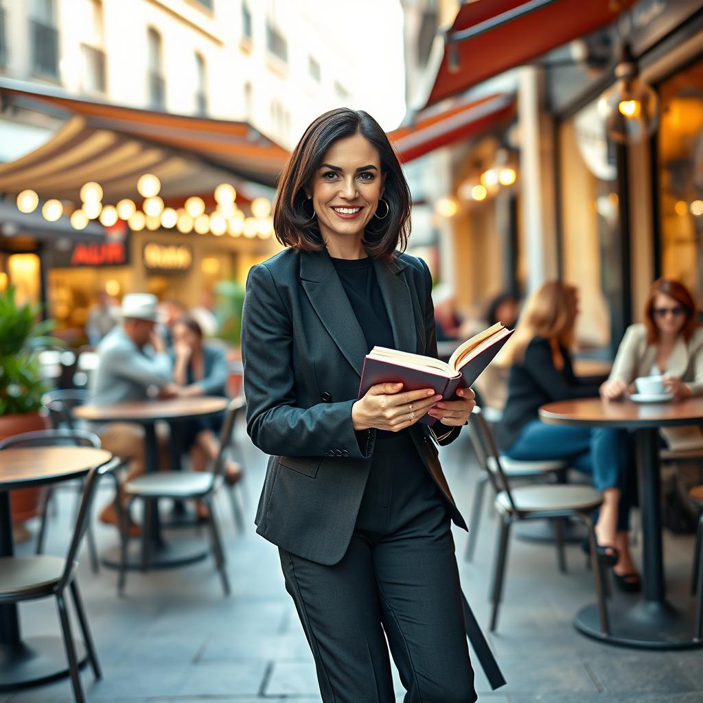 A woman of English descent between the ages of 30 to 45, elegantly dressed in a stylish outfit that reflects contemporary fashion trends