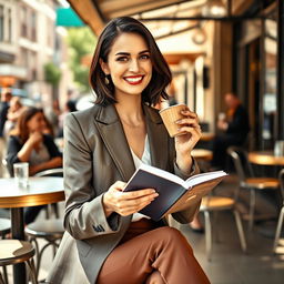 A woman of English descent between the ages of 30 to 45, elegantly dressed in a stylish outfit that reflects contemporary fashion trends