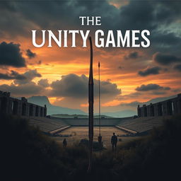 A dystopian book cover for 'The Unity Games,' featuring a hauntingly beautiful landscape without visible human faces