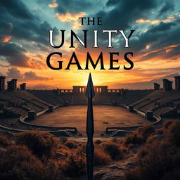 A dystopian book cover for 'The Unity Games,' featuring a hauntingly beautiful landscape without visible human faces