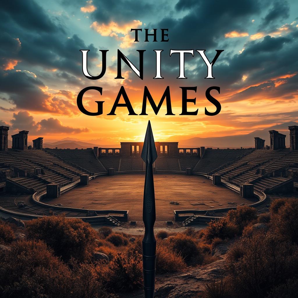A dystopian book cover for 'The Unity Games,' featuring a hauntingly beautiful landscape without visible human faces
