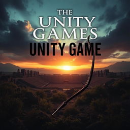 A dystopian book cover for 'The Unity Games,' featuring a hauntingly beautiful landscape without visible human faces