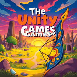 A cartoon-style book cover for 'The Unity Games,' set in a vibrant yet dystopian arena