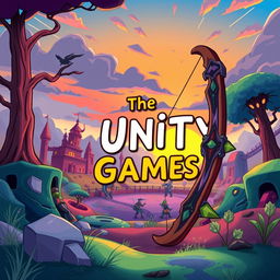 A cartoon-style book cover for 'The Unity Games,' set in a vibrant yet dystopian arena