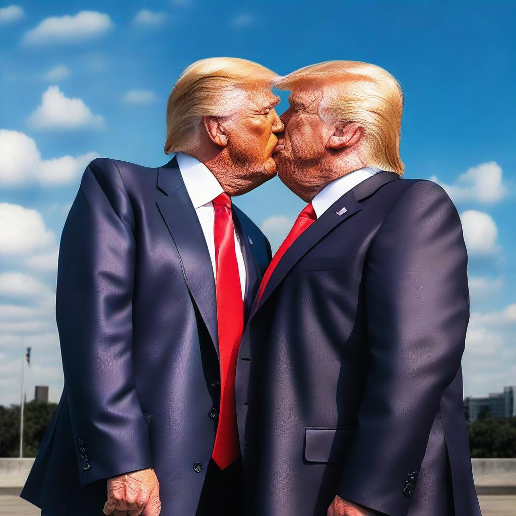 A photo-realistic digital rendering of Donald Trump kissing his own doppelganger