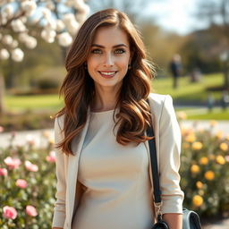 A woman of English descent aged between 30 and 45, dressed smartly in an elegant outfit that exhibits contemporary style