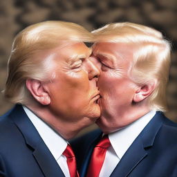 A photo-realistic digital rendering of Donald Trump kissing his own doppelganger