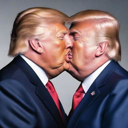 A photo-realistic digital rendering of Donald Trump kissing his own doppelganger