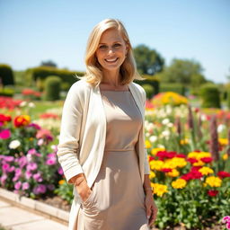 A stylish woman of English descent aged between 30 and 45, dressed in a chic, modern outfit