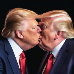 A photo-realistic digital rendering of Donald Trump kissing his own doppelganger