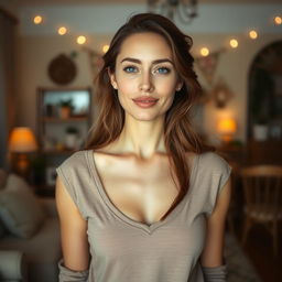 A 37-year-old American woman with a natural style and light skin, showcasing minimal makeup