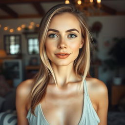 A 37-year-old American woman with a natural style and light skin, showcasing minimal makeup