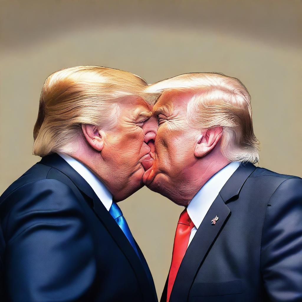 A photo-realistic digital art of Donald Trump kissing a clone of himself