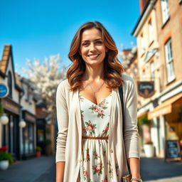 A woman of English descent, aged 30 to 45, dressed elegantly in a fashionable outfit suitable for a casual outing