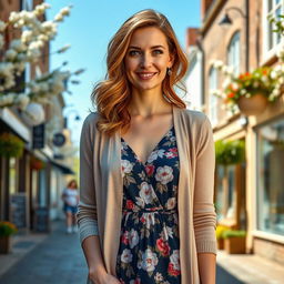 A woman of English descent, aged 30 to 45, dressed elegantly in a fashionable outfit suitable for a casual outing