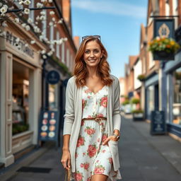 A woman of English descent, aged 30 to 45, dressed elegantly in a fashionable outfit suitable for a casual outing