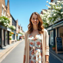 A woman of English descent, aged 30 to 45, dressed elegantly in a fashionable outfit suitable for a casual outing