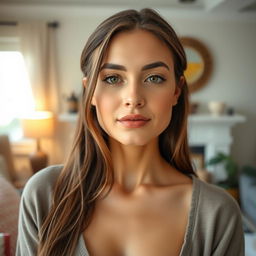 A 37-year-old American woman with a natural style and light skin, showcasing minimal makeup