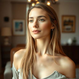 A 37-year-old American woman with a natural style and light skin, showcasing minimal makeup
