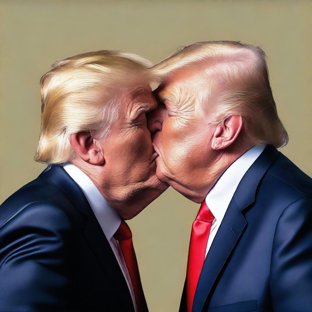 A photo-realistic digital art of Donald Trump kissing a clone of himself