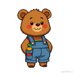 A single humanoid bear character in a charming, cartoonish style reminiscent of Stardew Valley, designed in pixel art