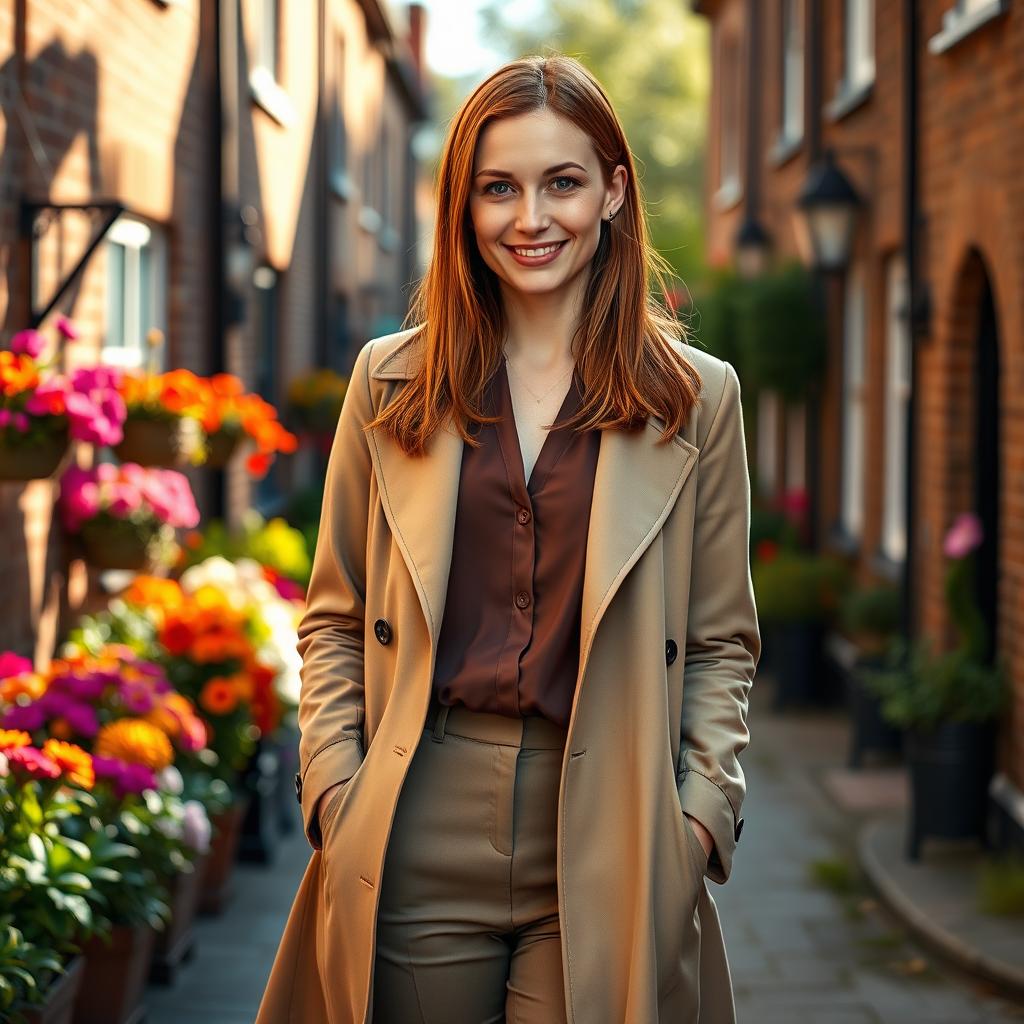 A woman of English descent, aged 30 to 45, elegantly dressed in a sophisticated outfit