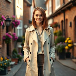 A woman of English descent, aged 30 to 45, elegantly dressed in a sophisticated outfit