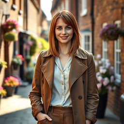 A woman of English descent, aged 30 to 45, elegantly dressed in a sophisticated outfit