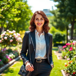 A sophisticated woman of English descent, aged 30 to 45, elegantly dressed in a smart casual outfit