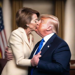 A photo-realistic digital rendering of Donald Trump kissing Nancy Pelosi on the cheek