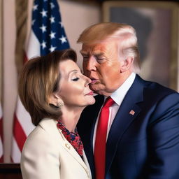 A photo-realistic digital rendering of Donald Trump kissing Nancy Pelosi on the cheek