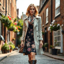 An elegant woman of English descent, aged 30 to 45, dressed in a sophisticated outfit