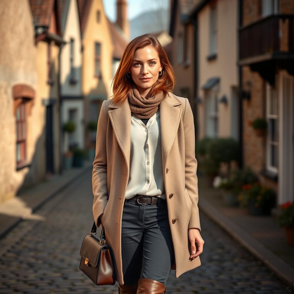 An English woman aged 30 to 45, dressed in a fashionable and sophisticated outfit