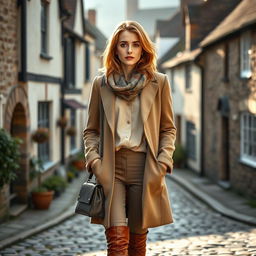 An English woman aged 30 to 45, dressed in a fashionable and sophisticated outfit