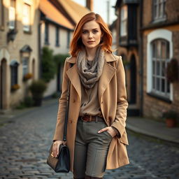 An English woman aged 30 to 45, dressed in a fashionable and sophisticated outfit