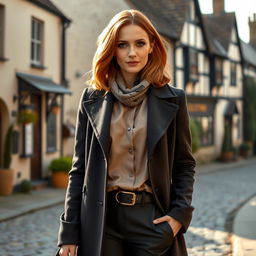 An English woman aged 30 to 45, dressed in a fashionable and sophisticated outfit