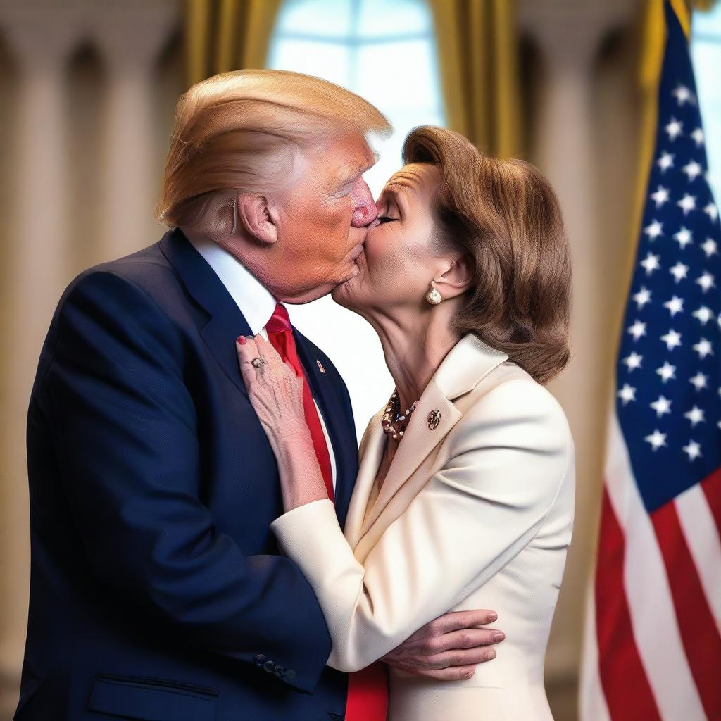 A photo-realistic digital rendering of Donald Trump kissing Nancy Pelosi on the cheek