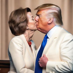 A photo-realistic digital rendering of Donald Trump kissing Nancy Pelosi on the cheek