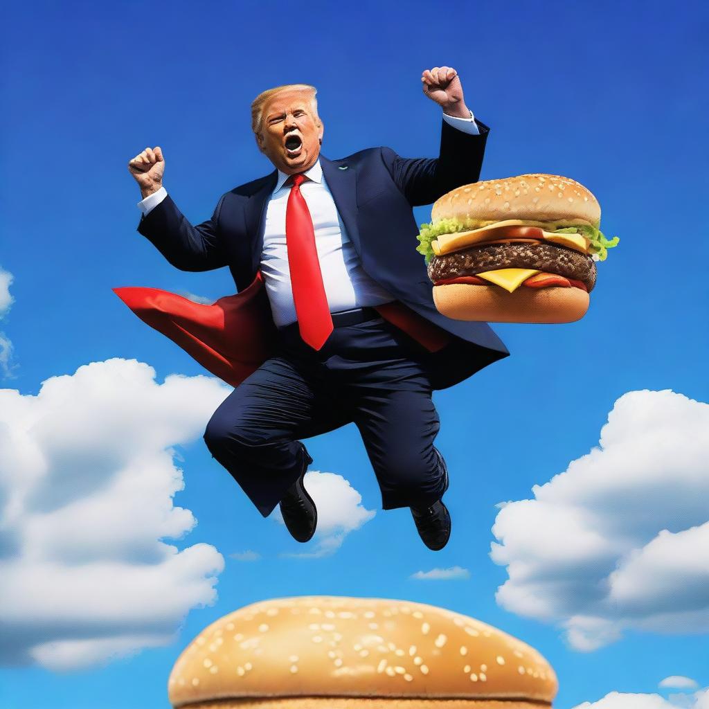 A photo-realistic digital rendering of Donald Trump jumping on a trampoline while eating a Big Mac