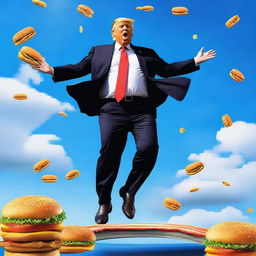 A photo-realistic digital rendering of Donald Trump jumping on a trampoline while eating a Big Mac